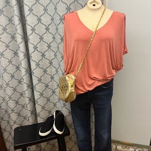 CAbi Oversized Slouchy V-neck Tee w Short Dolman Sleeves and Raw-hem Details - M